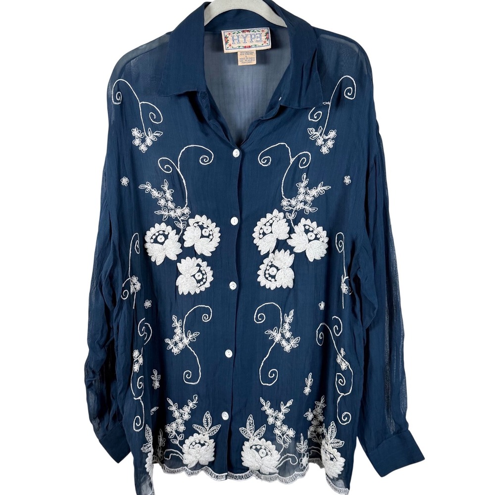 HYPE Navy Blue Rayon Embroidered Floral Sheer‎ Button Up Shirt Top Size